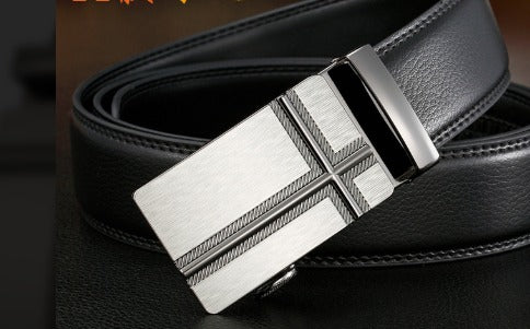 Men Black Leather Automatic Buckle Belt Business Style