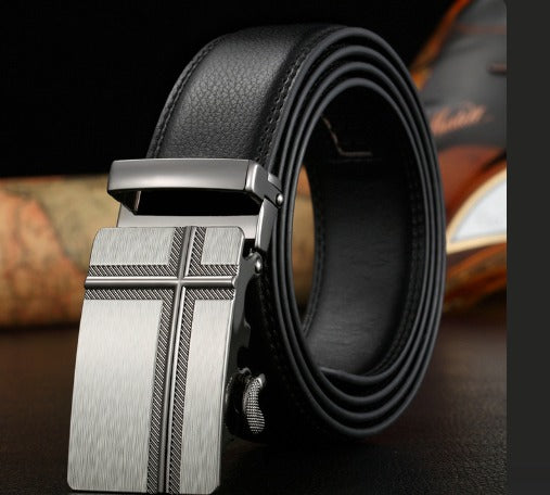 Men Black Leather Automatic Buckle Belt Business Style