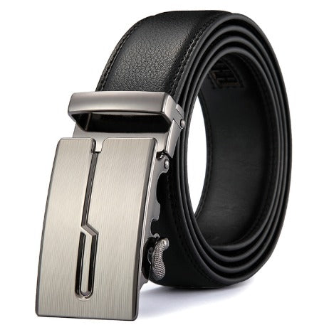 Men Black Leather Automatic Buckle Belt Business Style