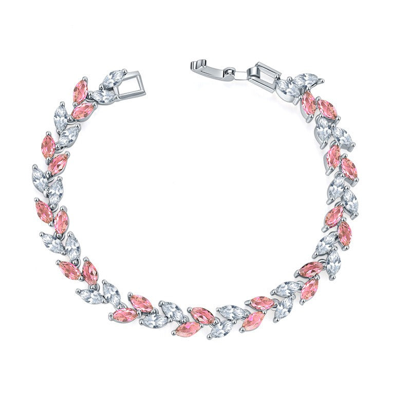 Zircon Rice Bracelet for Women, Silver, Wicker Leaf Design