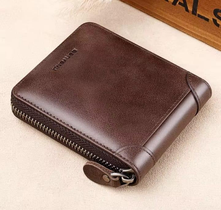 Men's Genuine Cow Leather Wallet Brown Zipper Closure