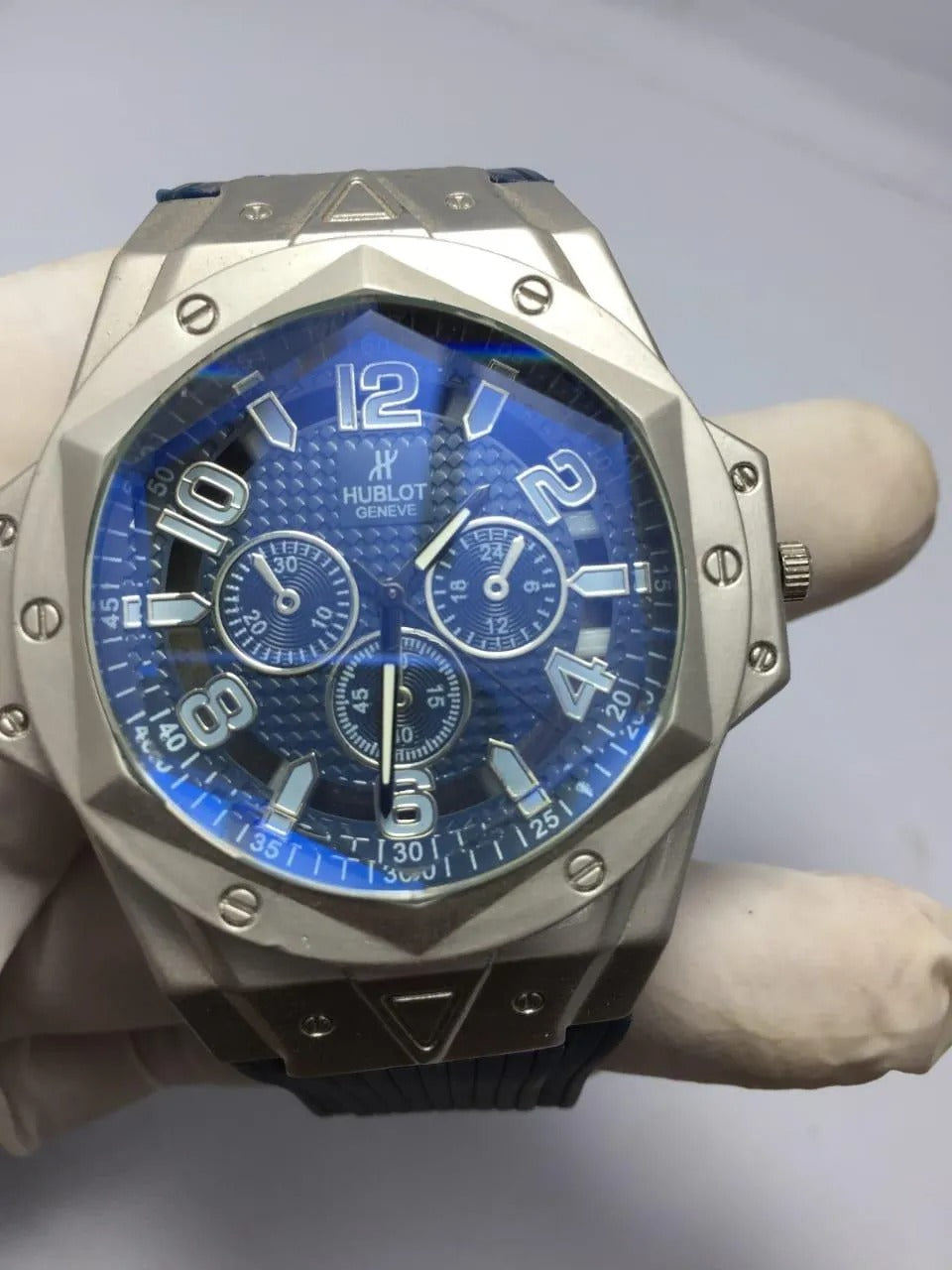 Men's Chronograph Watch Blue Dial Stainless Steel Hexagonal Strap