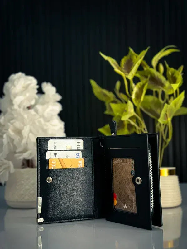 Men's Black Leather Tri-Fold Wallet 12x9x3cm