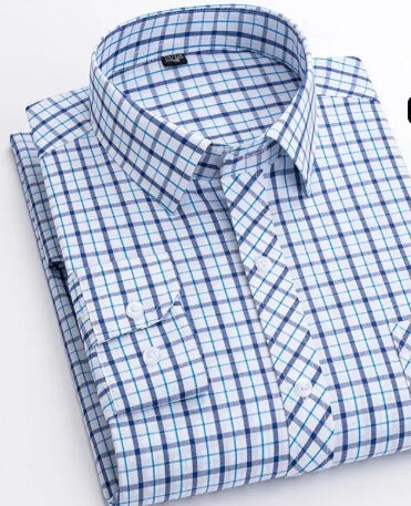 Men's Blue White Plaid Long Sleeve Shirt