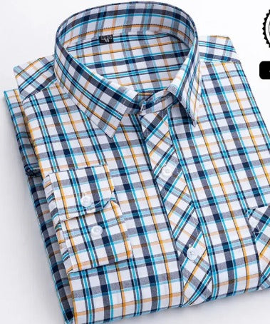 Men's Blue White Plaid Long Sleeve Shirt