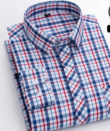 Men's Blue White Plaid Long Sleeve Shirt