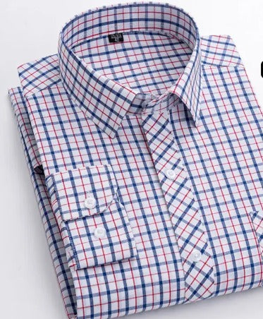Men's Blue White Plaid Long Sleeve Shirt