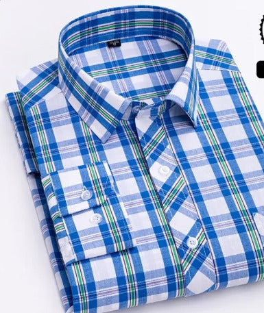 Men's Blue White Plaid Long Sleeve Shirt