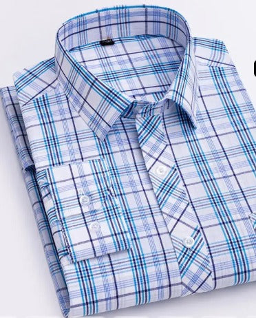 Men's Blue White Plaid Long Sleeve Shirt