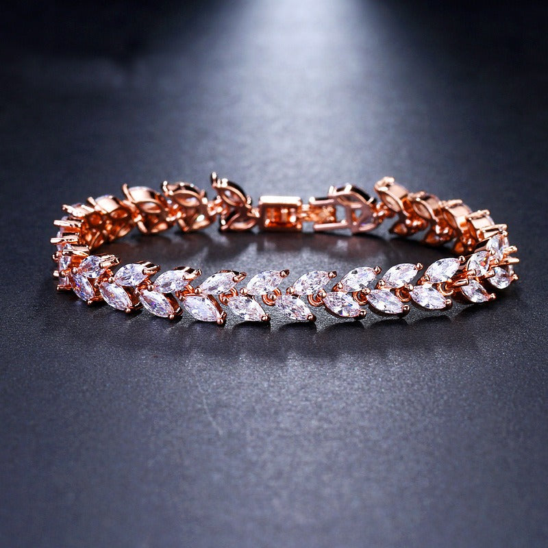 Zircon Rice Bracelet for Women, Silver, Wicker Leaf Design
